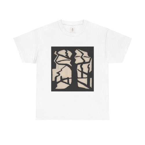 Rorschach Forest Abstract Woodland Shirt, front view of the woodland pattern design