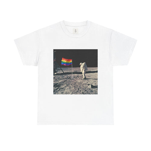 Pride of the Moon Retro Space Rainbow Flag Shirt, front view of the rainbow flag design