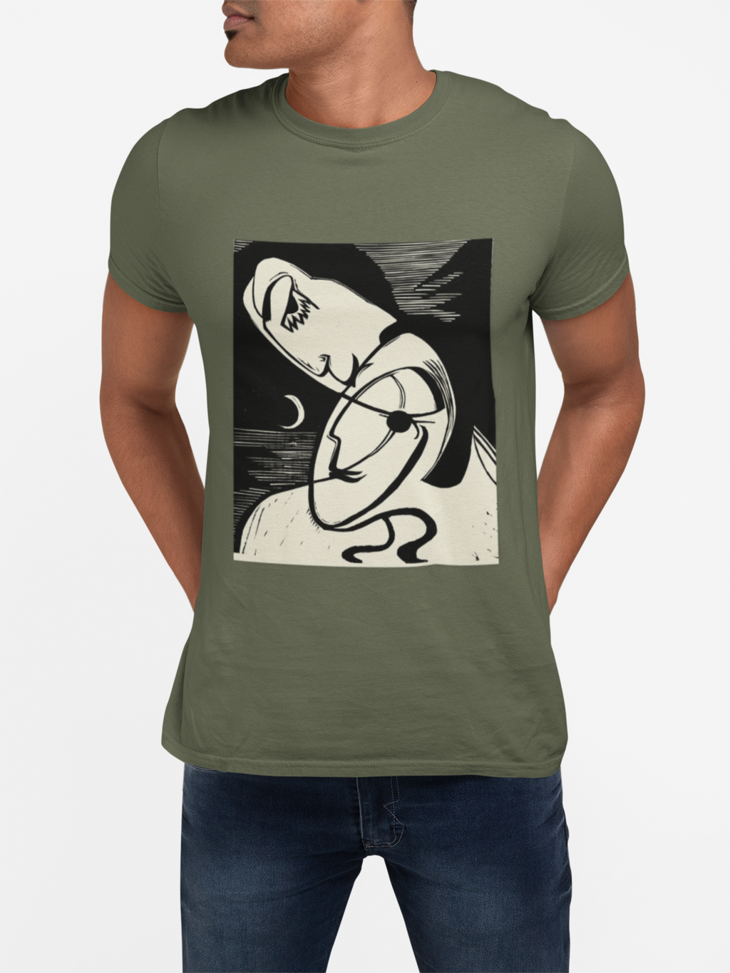 Lovers of the Half Moon — Surrealist Linocut Shirt