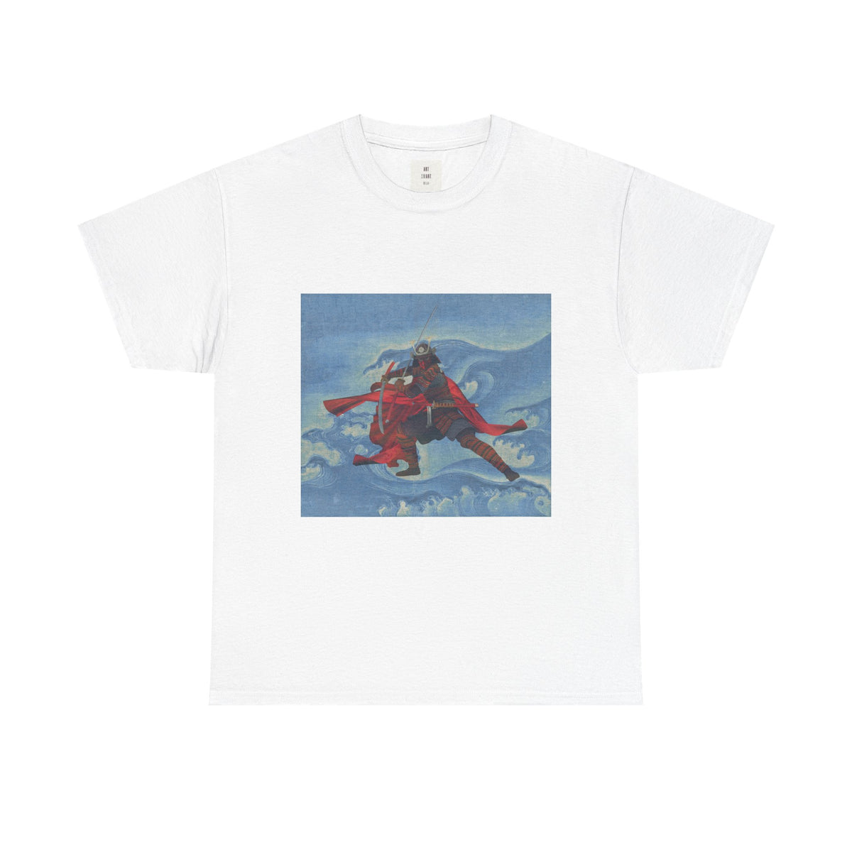 Wave At Me Red Warrior Shirt, front view of the warrior figure in deep red among swirling waves