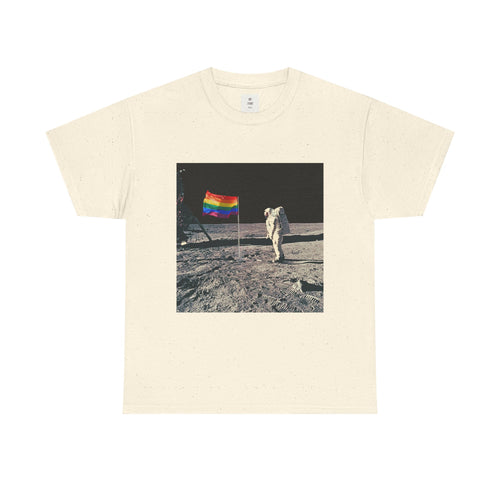 Pride of the Moon Retro Space Rainbow Flag Shirt, close detail of the lunar landscape illustration
