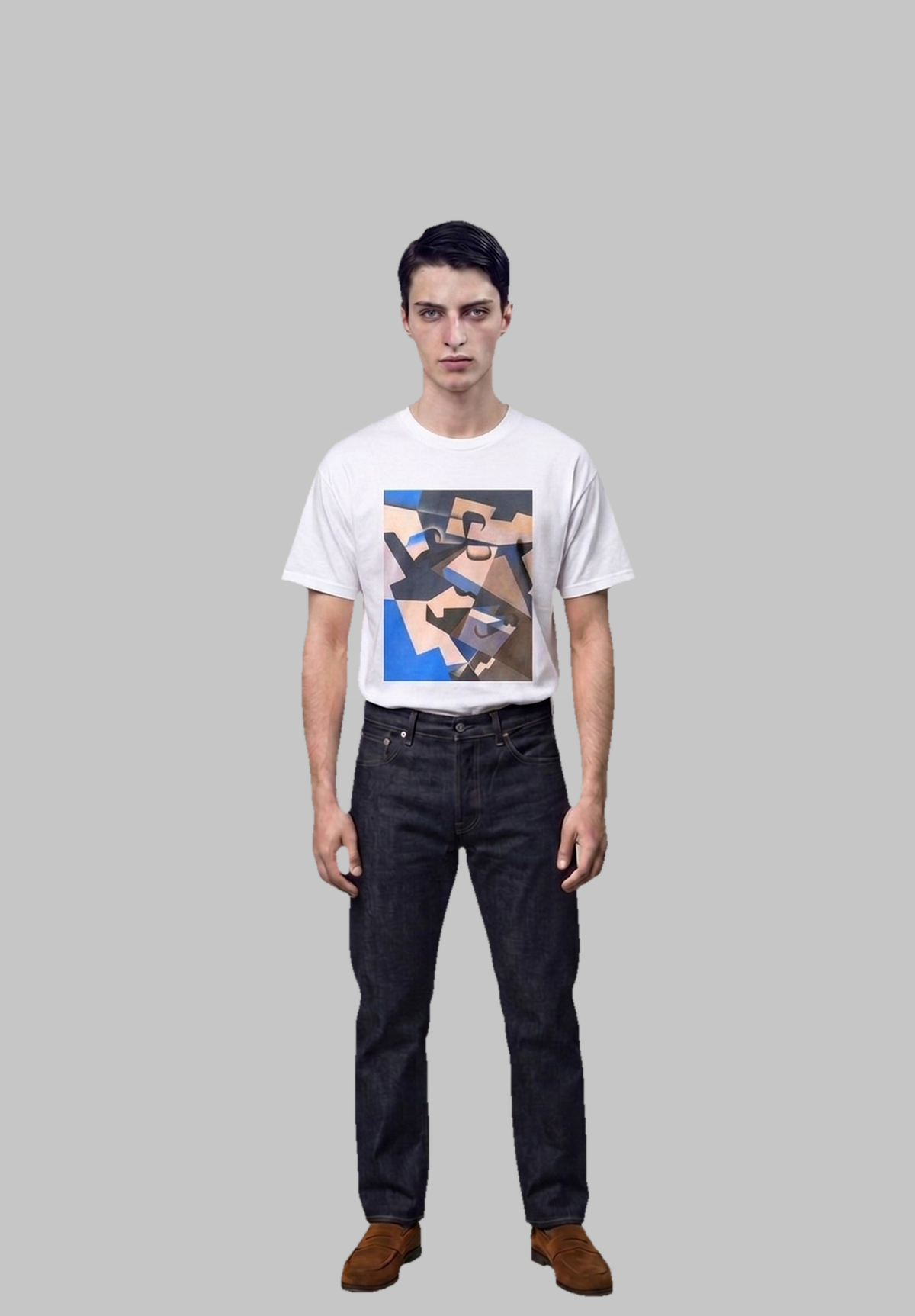 Editorial art shirt for men — Art Smart Wear Be There Soon Cubist Geometric Shirt in white cotton, worn with dark indigo denim and tobacco suede loafers